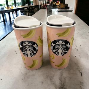 2 CUPS: Starbucks 2015 Banana Pink Ceramic Travel Tumbler Black Siren Logo 12oz.